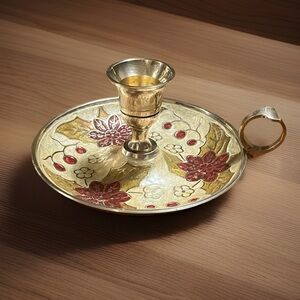 Vintage Brass + Enamel Candleholder Holly + Berries Holiday Christmas Home Decor